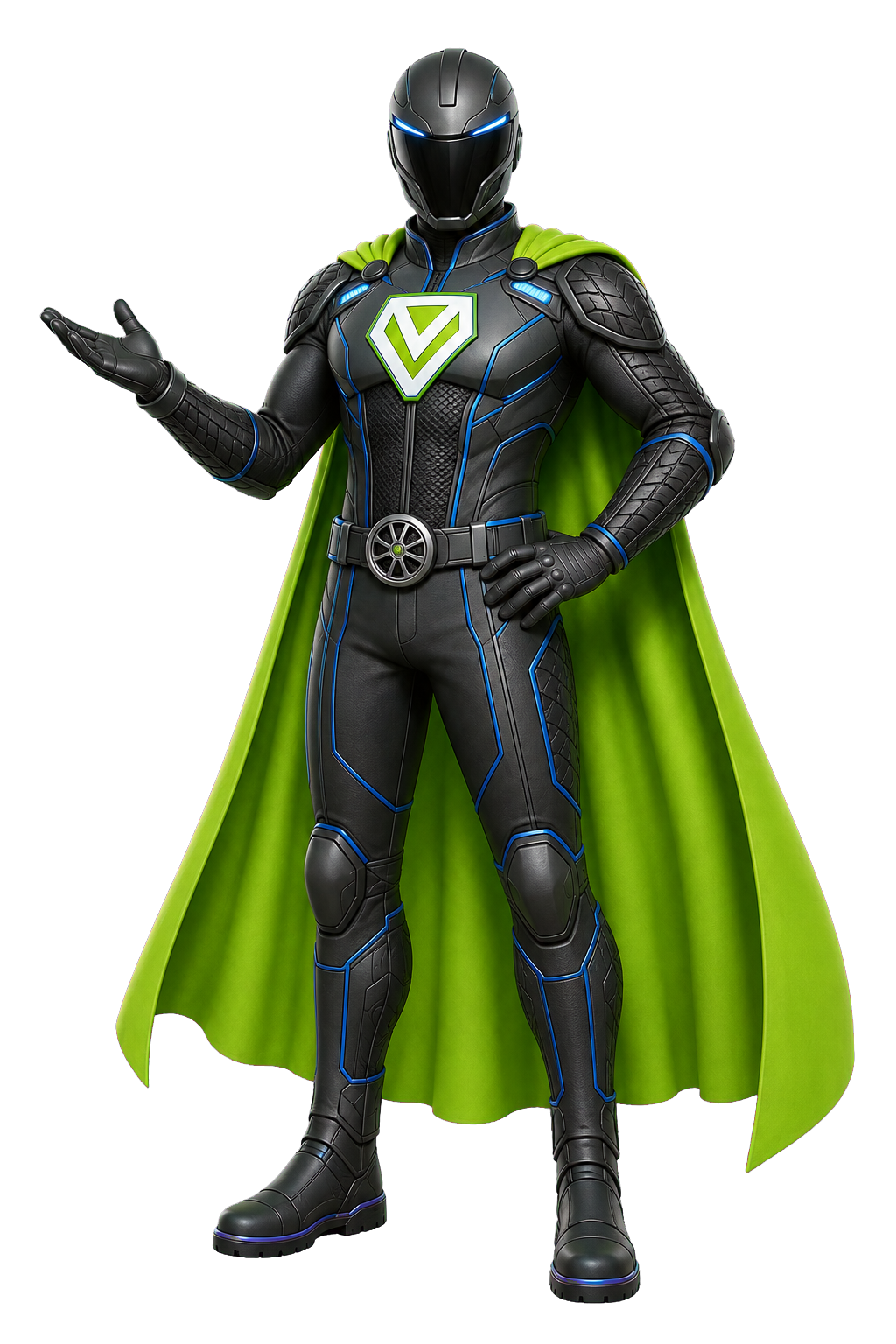 The masked male Your Vehicle Pro action-figure mascot in a vehicle-inspired graphite suit and lime cape